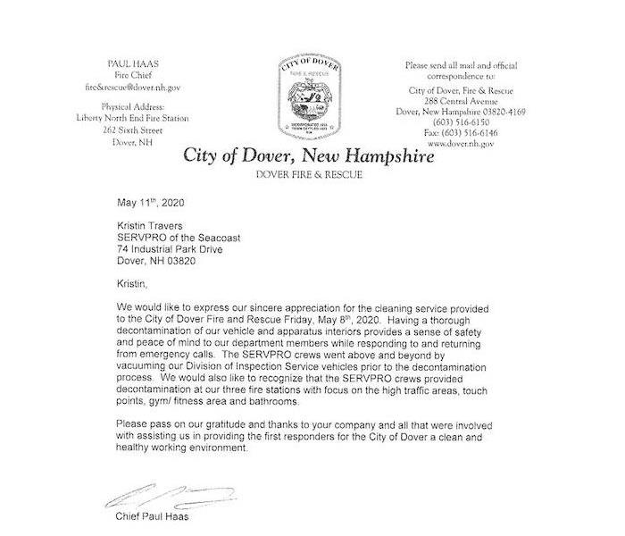 Letter from Dover Fire Chief thanking SERVPRO for cleaning and disinfecting vehicles